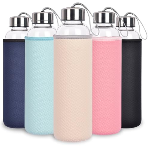 Ferexer Bouteille d'eau en verre borosilicate de 1 L avec cordon de transport, 1 000 ml, anti-fuite, sans BPA pour café, thé, jus, lait, micro-ondes et lave-vaisselle (1 pièce, beige)