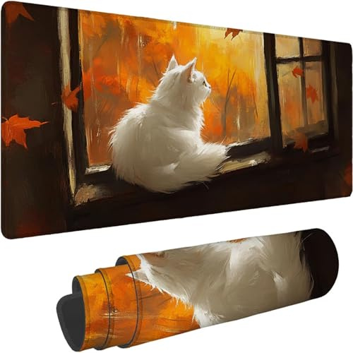 Tapis de Souris 1400 x 700 x 3mm, Grand sous Main Bureau Jaune avec Base en Caoutchouc Antidérapant Surface Étanche Bords Cousus Tapis de Souris Gamer pour PC, Laser Optique Bureau Gamer Chat xn-365