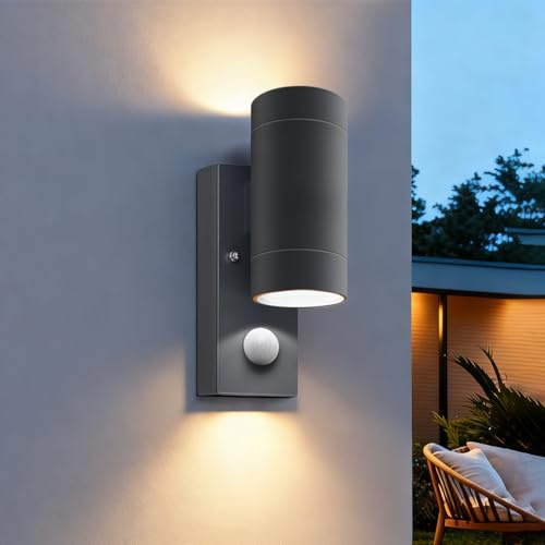 EBION Outdoor Wall Lights with Motion Sensor,Mains Powered,IP65,Up & Down | Anthracite Outside Wall Lights GU10,Aluminium Exterior Garden Wall Lamp for Front Door,Porch,Patio,Garden,Bulbs Not Included