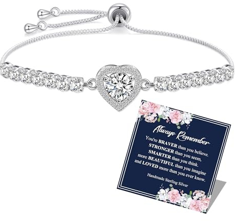 BMMYE Silver Bracelet for Women, Cubic Zirconia Heart 925 Sterling Silver Bracelets for Women Adjustable Womens Bracelet with Cards Jewellery Birthday Gifts for Mum Grandma Sister Friends