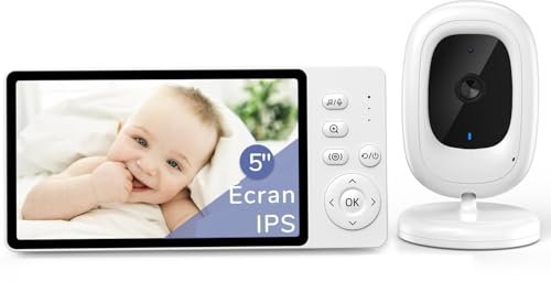 jeeber sans WiFi Babyphone Caméra Bébé,1080P, écran IPS 5, PTZ 360° | HDR Vision Nocturne, Mode VOX & Zoom 3X, Audio bidirectionnel, Détection des pleurs & température, Longue Portée Caméra Bébé