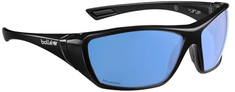 Bolle HUSTLER safety glasses with cobalt flash polarized lens, wraparound frame, non‑slip fit and PLATINUM Lite anti‑scratch and anti‑fog coating, CE and UKCA marked to EN standards.