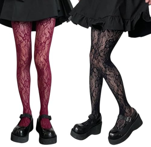 AEUXZA Collants en dentelle sexy 2 paires, motif floral, de Maille, High Waisted, tenue de fete femme, dentelle noire, collant noir transparent, Night Club, Party, fantaisie femme (Noir & Bordeaux)