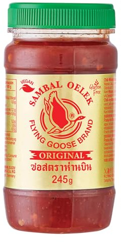 FLYING GOOSE Sambal Oelek, Feurig scharfe Paste aus roten Chilischote, zum Verfeinern von Wok-Gerichten, Reispfannen & Bratnudeln, 1 x 245 g
