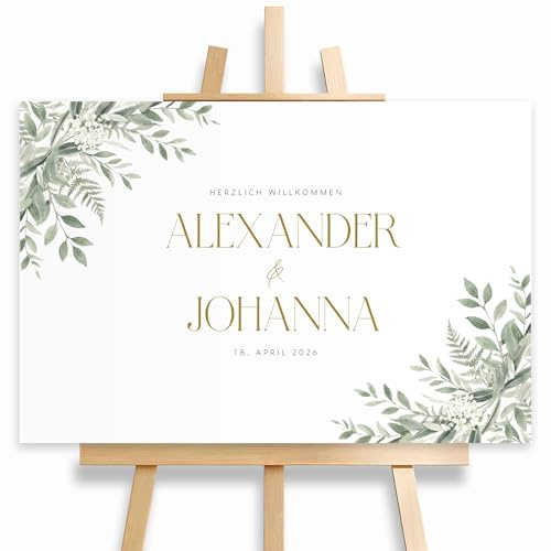 HEI Print Personalisiertes Willkommensschild Hochzeit mit Namen & Datum | Eukalyptus Greenery Design | Welcome Sign Hochzeitsdeko | Schild auf Staffelei | Individuelles Brautpaar Geschenk