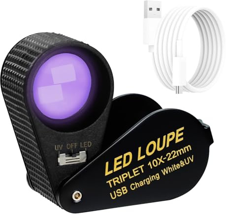 Beleuchtete Juwelierlupe 10x – Klappbare LED-Lupe mit 22 mm Linse, Wiederaufladbar per USB, Duale Weiß- und UV-Beleuchtung, Rutschfestes Design für Schmuck, Leiterplatten und Uhrenreparatur