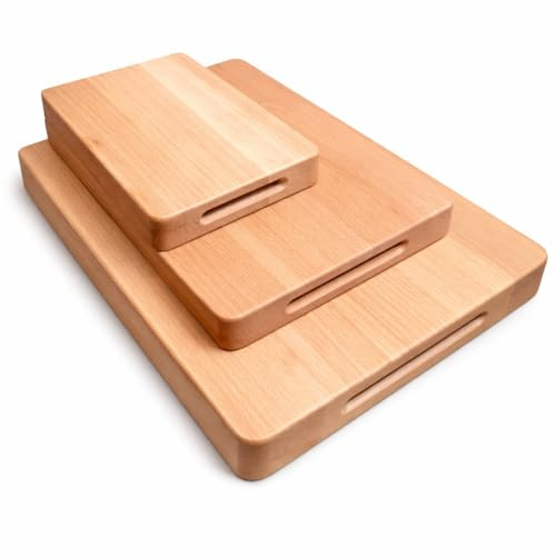 Wooden World - Set di 3 taglieri spessi in legno di faggio oliato, blocchi da taglio 30x20x4 cm, 40x30x4 cm, 50x35x4 cm, con scanalature laterali per presa e bordi arrotondati