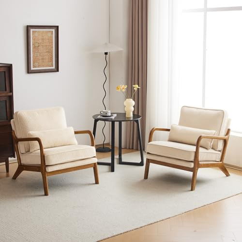 Bonnlo Sessel Gepolsterter Cocktailsessel, Moderner loungesessel, Ohrensessel für Wohnzimmer, Polsterstuhl mit Massivholz, Lesesessel, bis 200 kg belastbar, Cord-Stoff (Beige×2)