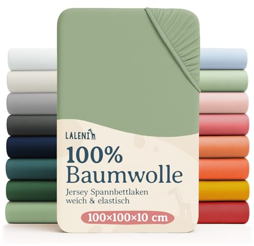 Laleni Draps Housses 100x100 cm en Jersey - Lot de 2 Drap Housse Bebe certifié Oeko-TEX 100% Coton - Drap Housse Tapis de Parc 100x100 - Drap Housse Matelas Parc 100x100 - Drap lit Bebe en Vert