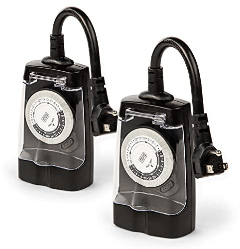 Black + Decker Outdoor Timer - 2 Pack, Waterproof with 2 Grounded Outlets - 30-Minute Intervals for Lights & Decorations