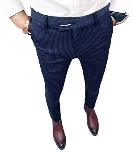 Onsoyours Pantalon Chino Homme Rayé Casual Élastique Slim Fit Pantalon à Carreaux Business Décontracté avec Boucle en métal