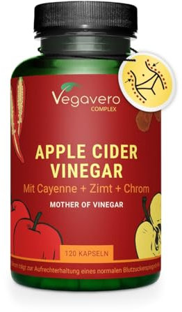 Vegavero Apple Cider Vinegar with Mother Complex 1950 mg | Chromium Picolinate for Blood Sugar Levels | with Cayenne, Ginger and Ceylon Cinnamon Extracts | 120 Capsules | NO Additives | Vegan