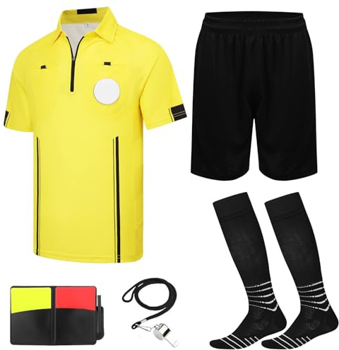 5Pcs Soccer Referee Shirt Jersey Kit Official Short Sleeve Ref Shirts Uniform Halloween Costume for Men & Women Yellow M