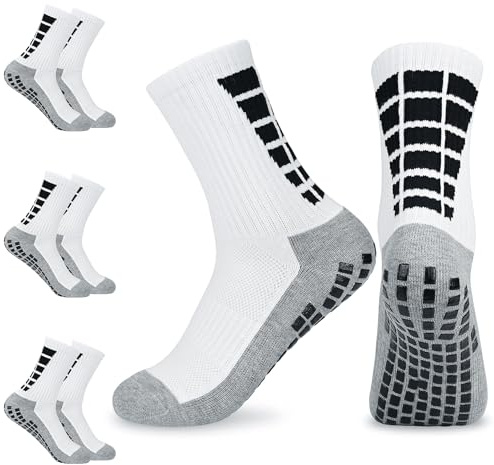 KOOOGEAR 3 Pairs Kids Grip Socks Football,Anti-Slip Athletic Sock for Boys Girls Youth,White Black Breathable Comfortable Cushioned Trainer Socks for Soccer Basketball Rugby Tennis Ages 6-12