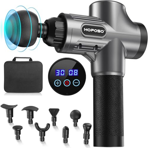 Pistola de Masaje Muscular, Eléctrica Masajeador de Músculos de Tejido Profundo con 30 Velocidades, 8 Cabezales, Pantalla LCD Táctil, Tipo C Massage Gun(Gris Plateado)