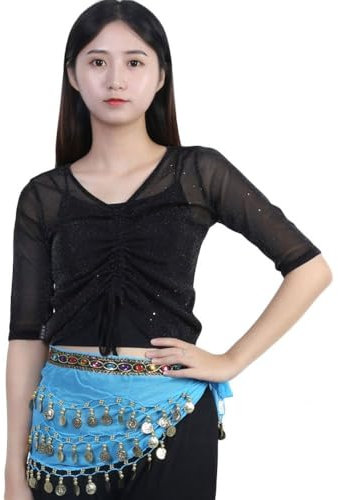 HESHUYAN Bauchtanz HüFttuch Tänzerin Rock Frauen Bauchtanz Hüfttuch Wrap Gürtel Tänzerin Rock weibliche Show Kostüme Pailletten Quasten Bauchtanz KostüM Damen(Lake Blue)