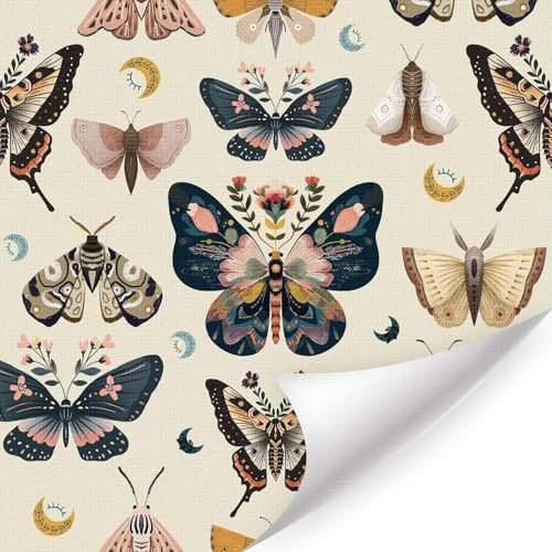 CHDITB Vintage Butterfly Wallpaper,Whimsical Dark Floral Butterfly Wallpaper Bedroom(44x300cm)Retro Insects Beige Wall Stickers,Boho Floral Dark Butterflies Stick on Wall Paper for Livingroom Cabinets