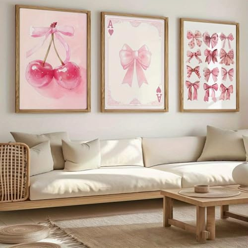 champracer 3er Rosa Poster Set Bilder Schlafzimmer Poster Aesthetic Zimmer Deko Mädchen Ästhetische Rosa Fliege Kirsche Wandbilder Ohne Rahmen (21 * 30cm)