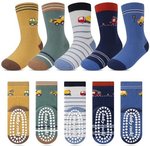 Kyopp 5 Paar Stoppersocken Kinder Baumwolle Socken Jungen Mädchen ABS Anti Rutsch Socken Tiermotive 25-37EU（Colourblocking-Auto M）