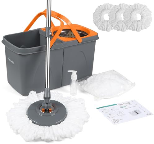 Rainberg Spin Mop and Bucket Set With 3 Extra Heads, 130cm Extendable Handle, Machine Washable Microfibre Heads, Self-Wringing System, Grey and Orange (Spin Mop Set)