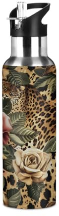 Mexpekil Leopard Skin Rose Isolierte Wasserflasche mit Strohhalm-Deckel, 600 ml, Edelstahl, Thermosflasche, Vakuumflasche, auslaufsicher, für Reisen, Sport, Wasserflaschen für Laufen, Radfahren