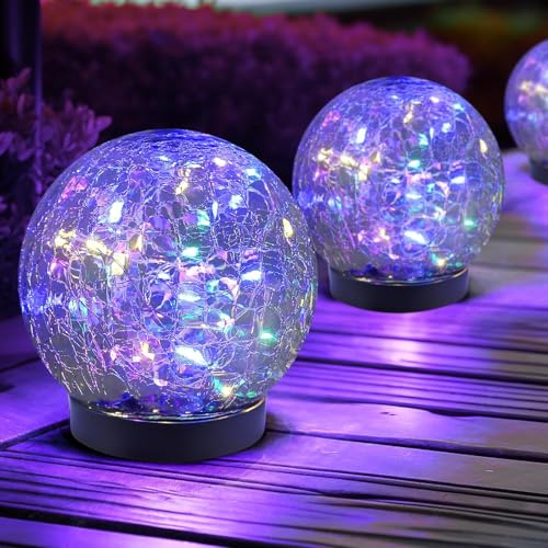 2PCS Garden Solar Lights, Cracked Glass Round Ball Light Outdoor Decor, Waterproof Decorative LED Globe Light for Landscape Walkway Backyard Patio Yard Lawn Pathway Garden Decoration(Colorful Light)