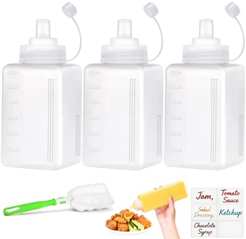 qjuwhua Klämflaska, 3 stycken, 600 ml plastsåsflaskor med lock | Squeeze flaska såsflaska doseringsflaska inget läckage sprayflaska med etikettborste för ketchup vassa såser olivolja
