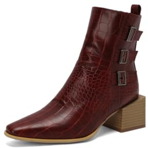 Botines Mujer Múltiples Hebillas Punta Cuadrada Tacón Medio Grueso Cuero Resistente Cremallera Lateral Cómodas Clásicas Casual Diario Fiesta Moda Zapatos,Burgundy,41 EU