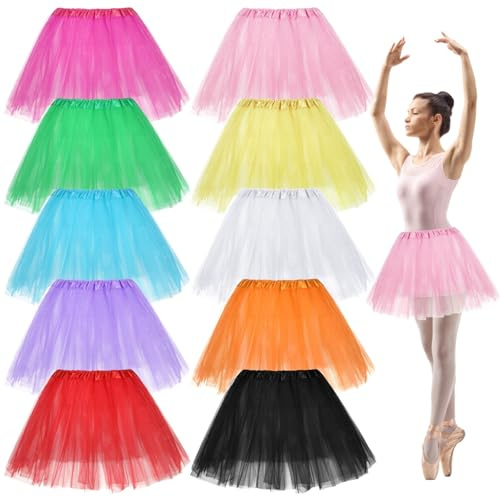 SWEWARM 10-Pack Women's Tutu Skirts - Triple-Layered Polyester Tulle with Elastic Waistband | Vibrant Colours for Dance, Festive Outfits & Performances