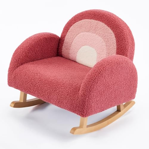 JOYMOR Kids Sofa, Toddler Rocking Chair with Teddy Fleece Soft, Solid Wood Legs and Anti-Tip Design for Nursery & Playroom, Red