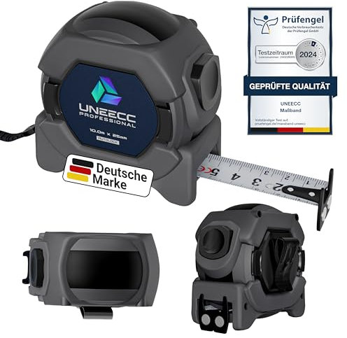 UNEECC Premium Maßband 10m | Auto Lock - Automatische Band Verriegelung | Bandmaß 10m | Magnethaken | Massband 10m | Extrem Robust | Rollbandmaß
