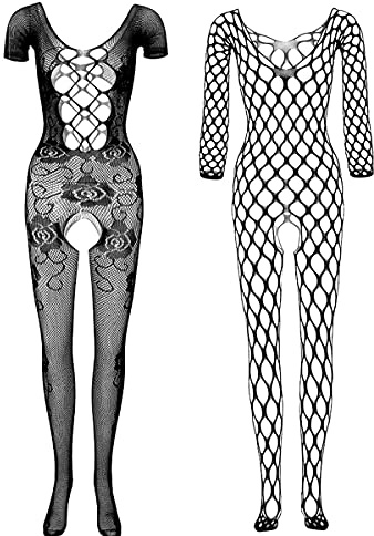 LOVELYBOBO 2-Pack Sexy Schwarze Netzstrümpfe Ouvert Bodystocking Sexy Dessous netz dessous Augenmaske schwarz