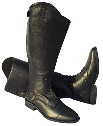 Rhinegold Elite Luxus Extra Wide BLACK LEATHER RIDING BOOTS - Soft Feel Leather, Comfortable Fit, Elasticated Laced Front, Women's Equestrian Boots with Full Length Back Zip, Size 7, EU 41