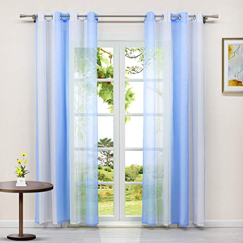HeichkelL 2er Set Vorhänge mit Ösen Halbtransparente gestreifte Gardinen in Leinen-Optik Modern Ösenschals für Wohnzimmer Schlafzimmer Weiß-Blau je Stück BxH 140x175cm