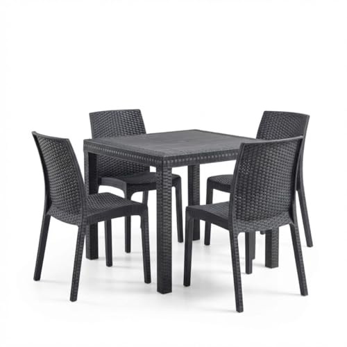 Tomaino - Set Tavolo e Sedie per Esterno in Plastica Effetto Rattan - Set Elba 1 Tavolo Quadrato con 4 Sedie Impilabili da Giardino, Terrazzo, Balcone per Bar e Ristoranti