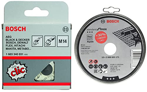 Bosch Accessories Écrou de serrage rapide SDS click M14 (épaisseur : 14 mm) & 10 disques à tronçonner Standard for Inox Rapido WA 60 T BF (pour l'acier inoxydable, Ø 125 mm)