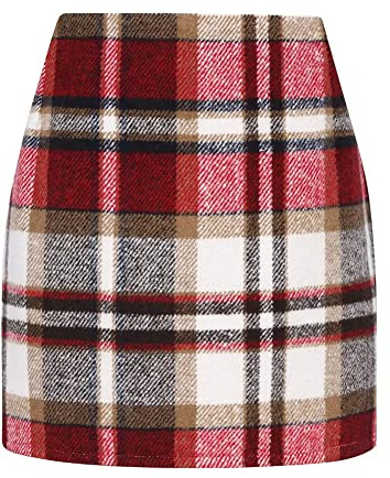 Women's Wool Fall Skirt Fashion 2025 High Waisted Pencil Bodycon Winter Plaid Mini Skirt (Wine Red, S)
