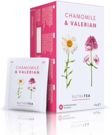 Nutra Tea Kamille & Baldrian, Beruhigungstee zum entspannen, Einschlaftee, Baldriantee zur Unterstützung beim einschlafen, 60 wiederverwendbare Teebeutel, Kräutertee mit Kamille & Baldrian