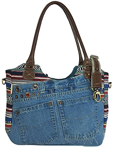 Sunsa nachhaltige Schultertasche, Damen Jeans Handtasche. Große Shopper | Tasche aus recycelte Jeans Baumwolle & Leder. Große Umhängetasche mit viele Fächern. Weekender Jeanstasche als Fdame Geschenk