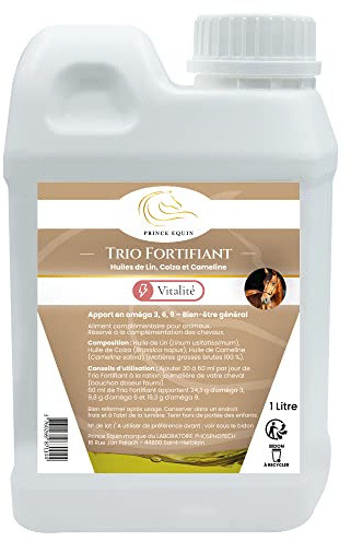 Prince Equin - Trio FORTIFIANT - Complément nutritionnel Cheval - Bidon1 L - Huiles de Lin, Colza et cameline - Apport en Oméga 3, 6 et 9 - Bien-être général - Fortifiant - Marque Française