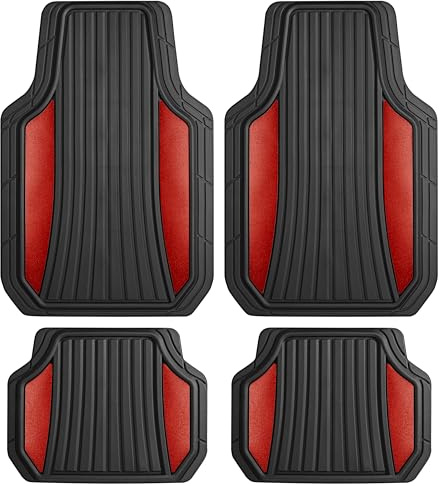 Motor Trend ChromeTech Car Floor Mats Full Set - Durable Rubber Floor Mats for Cars with Two Tone Accent, All Weather Interior Protection for Front and Rear with Non-Slip Backing, Red Chrome