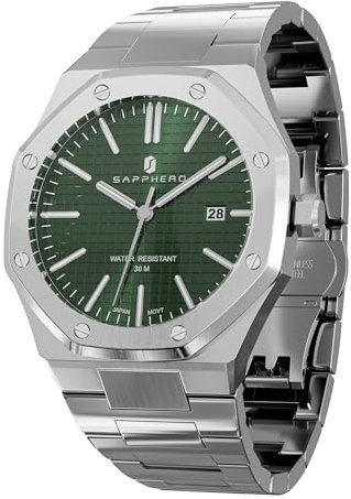 SAPPHERO Uhren Herren Quarzwerk Silber Edelstahl Armband 100M Wasserdicht Datum Kalender Schwarz Blau Herrenuhren Armbanduhr Geschenke für Männer, ETSO2110-6