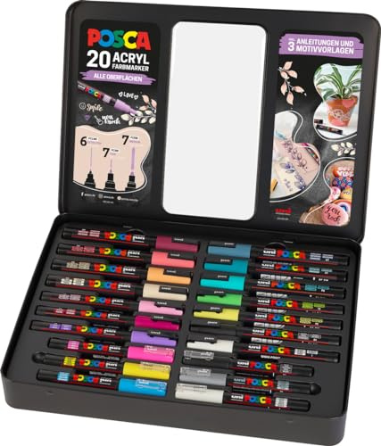 Faber-Castell uni-ball 186829 – POSCA märkpenna, 20 fodral, inkl. instruktioner för 3 gör-det-själv-projekt