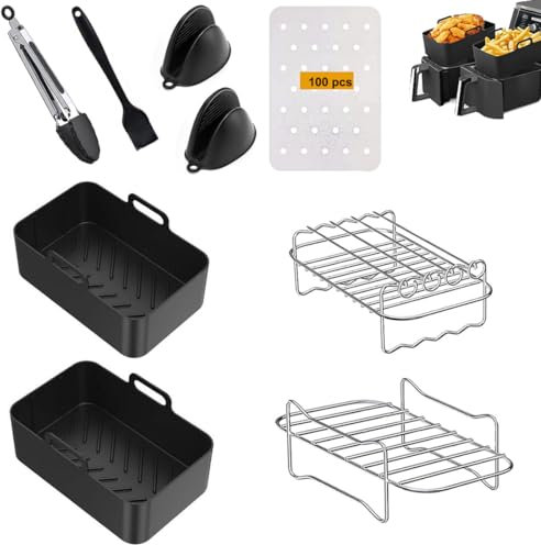 Taodyans Silikon-Luftfritteusen-Einsatz, Dual-Luftfritteusen-Zubehör, 9 Stück, für Ninja AF300UK AF400UK Tower T17088, Air Fryer Racks & Papierauskleidung & Lebensmittelzange & Ölpinsel &