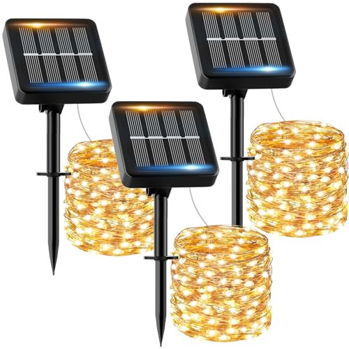 Luci Solari Esterno【3 Pacchi】12+2M 120LED Luci Solari da Giardino IP65 Impermeabili Bianco Caldo 8 Modalità, Catena Luc Solar Esterno Decorative Giardino Albero Patio Terrazze Festival Matrimoni
