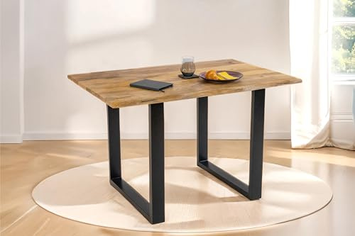SAM Esstisch Tiger 140x80 cm Mangoholz Natur Vintage Baumkante U schwarz | Baumkantentisch massiv, naturfarben, Metallgestell, Esszimmertisch