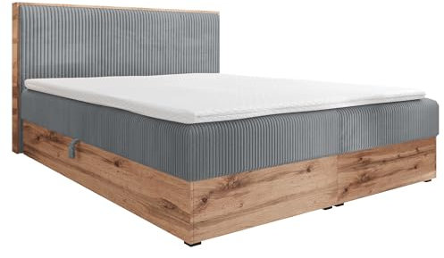 FURNISTAR Boxspringbett TILIA Doppelbett mit Bonellmatratze Bett mit Topper und Bettkasten Cord Stoff Polsterbett mit Kopfteil Modern Schlaffzimmer Wotan Plattet (160x200 Grau)