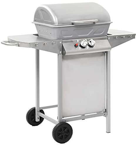 Gecheer Barbacoa de gas con 2 quemadores, acero inoxidable, plateada, con 2 ruedas, 92 x 53 x 96 cm