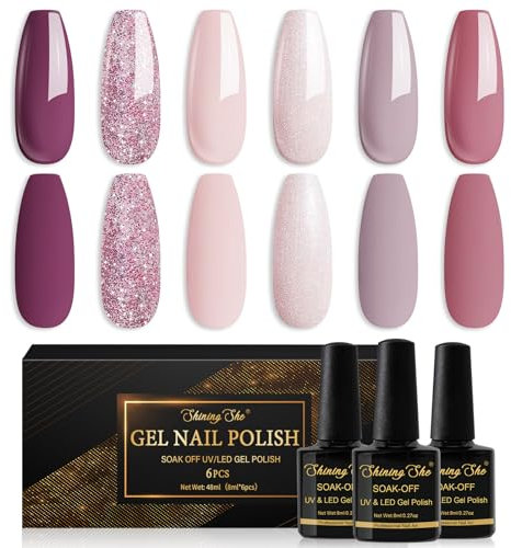 Shining She UV Nagellack,6 Farben Nude Rosa Hellrosa Dunkelviolett Grau Lila Glitzer Rosa Gellack Soak-Off UV Gel Nagellack Set für Valentinstag Party Hochzeit Art Nail Salon,8ML