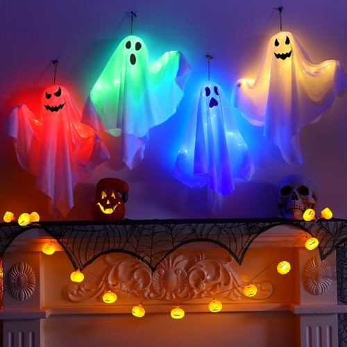 4 Halloween-Hängende Geister mit LED-Lichtern, Deko-Anhänger für Vorgarten, Terrasse, Rasen und Garten-Partydeko
